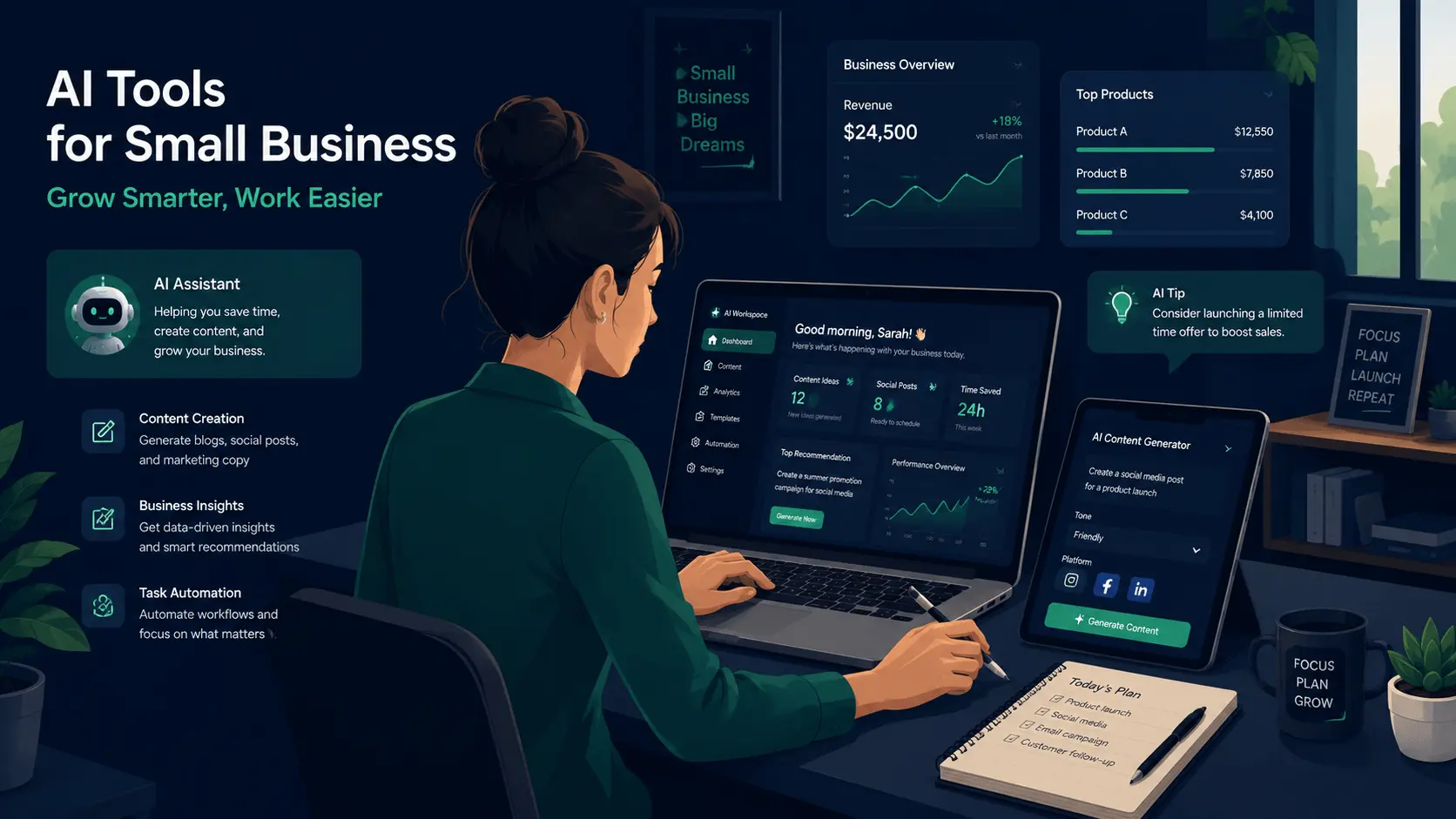 Small business owner using AI tools to manage operations on a laptop