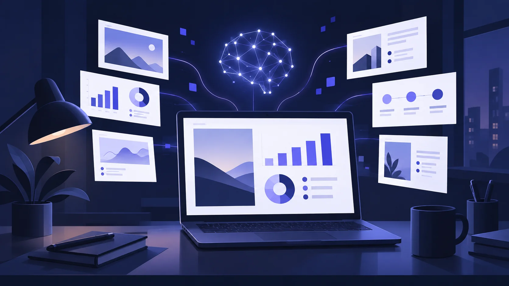 AI presentation tool generating slides on a laptop screen with a dark navy and indigo palette