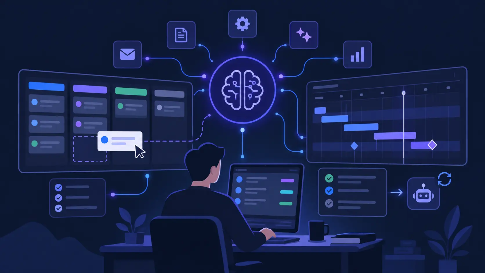 AI project management dashboard showing tasks and automation features on a laptop
