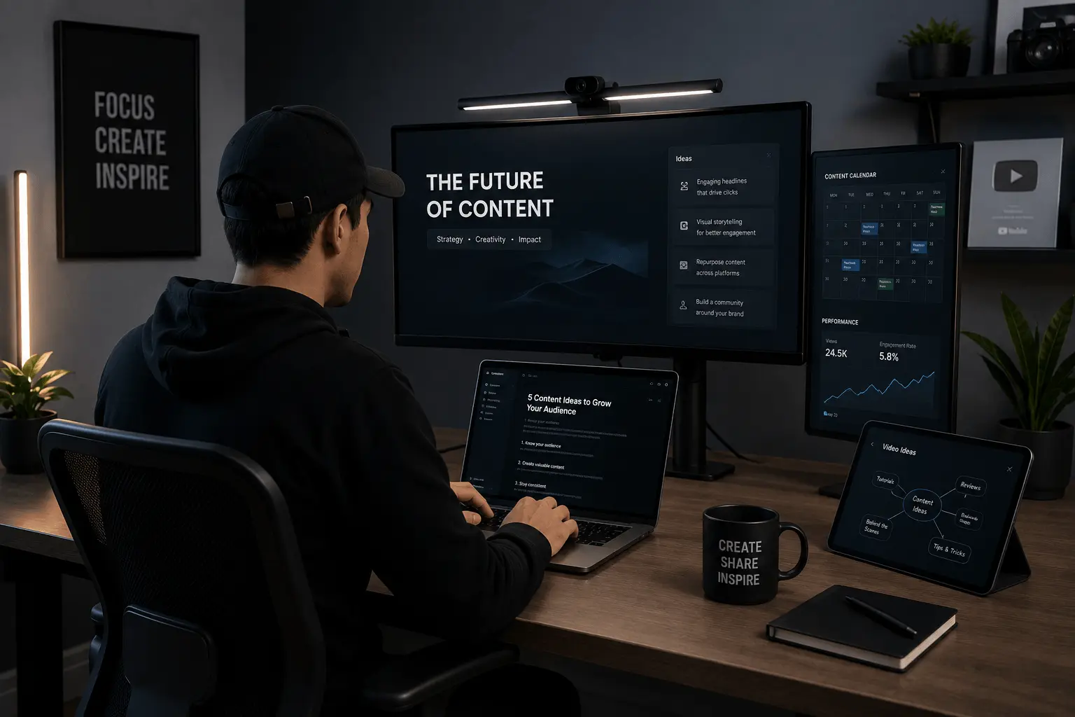 Content creator working with AI tools at a modern desk setup