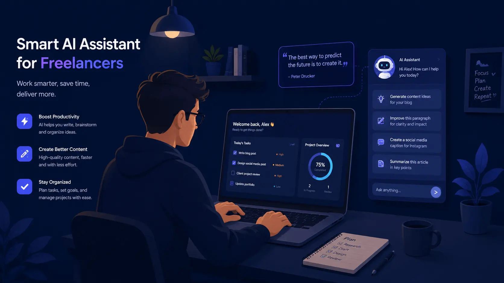 Freelancer using AI productivity tools on a laptop in a home office