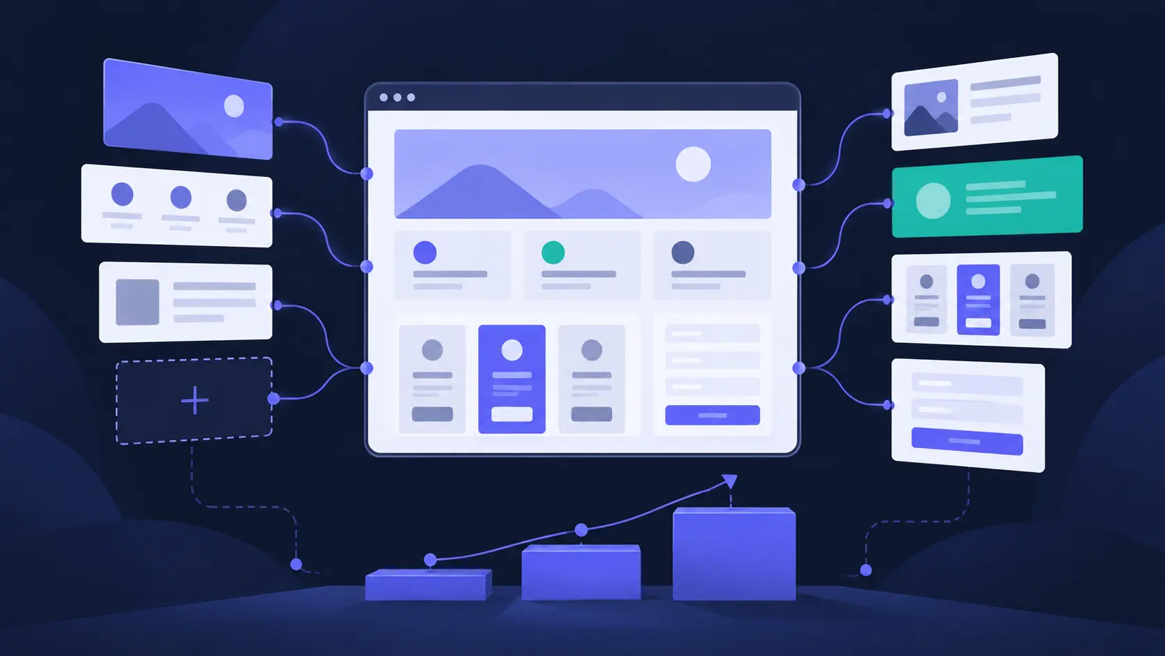 Laptop screen showing an AI-generated small business website layout in dark navy and indigo