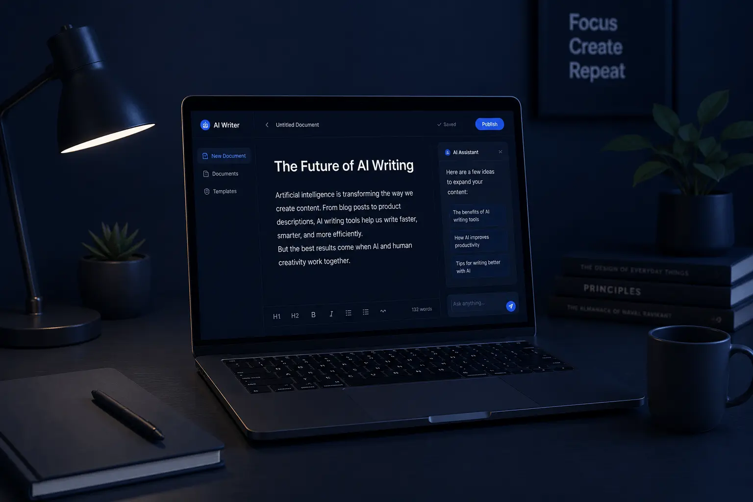 Laptop screen showing AI writing assistant interface