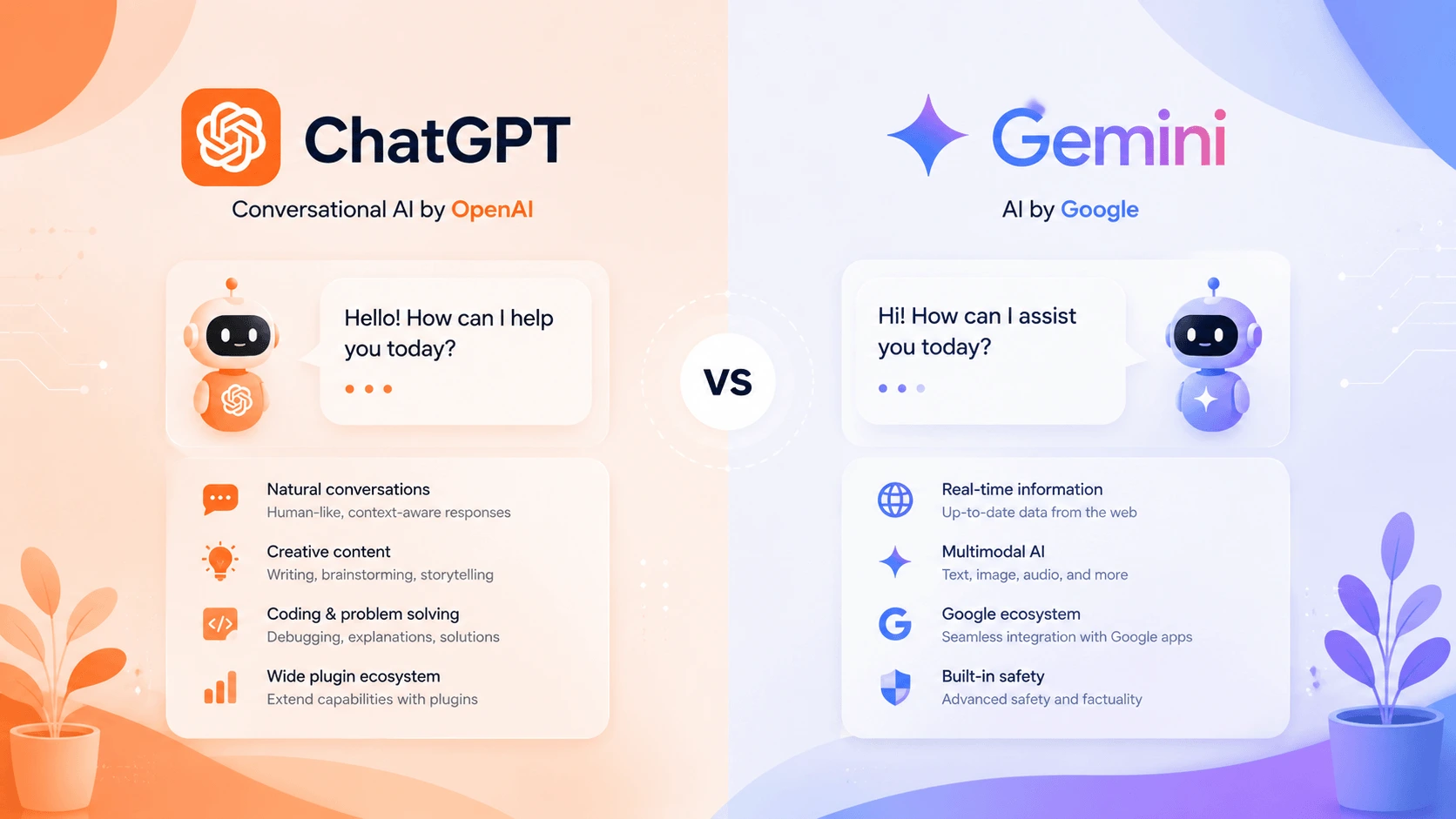 ChatGPT and Google Gemini AI assistants compared side by side