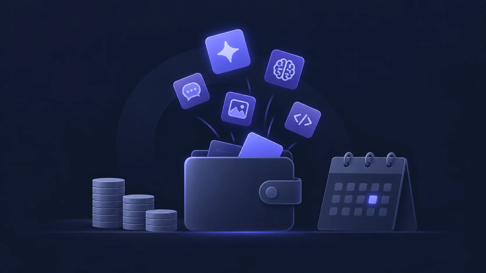 Minimalist dark tech illustration of a wallet receiving glowing AI tool icons, with stacks of coins on the left and a monthly calendar on the right, representing AI tool spending and monthly budgeting.