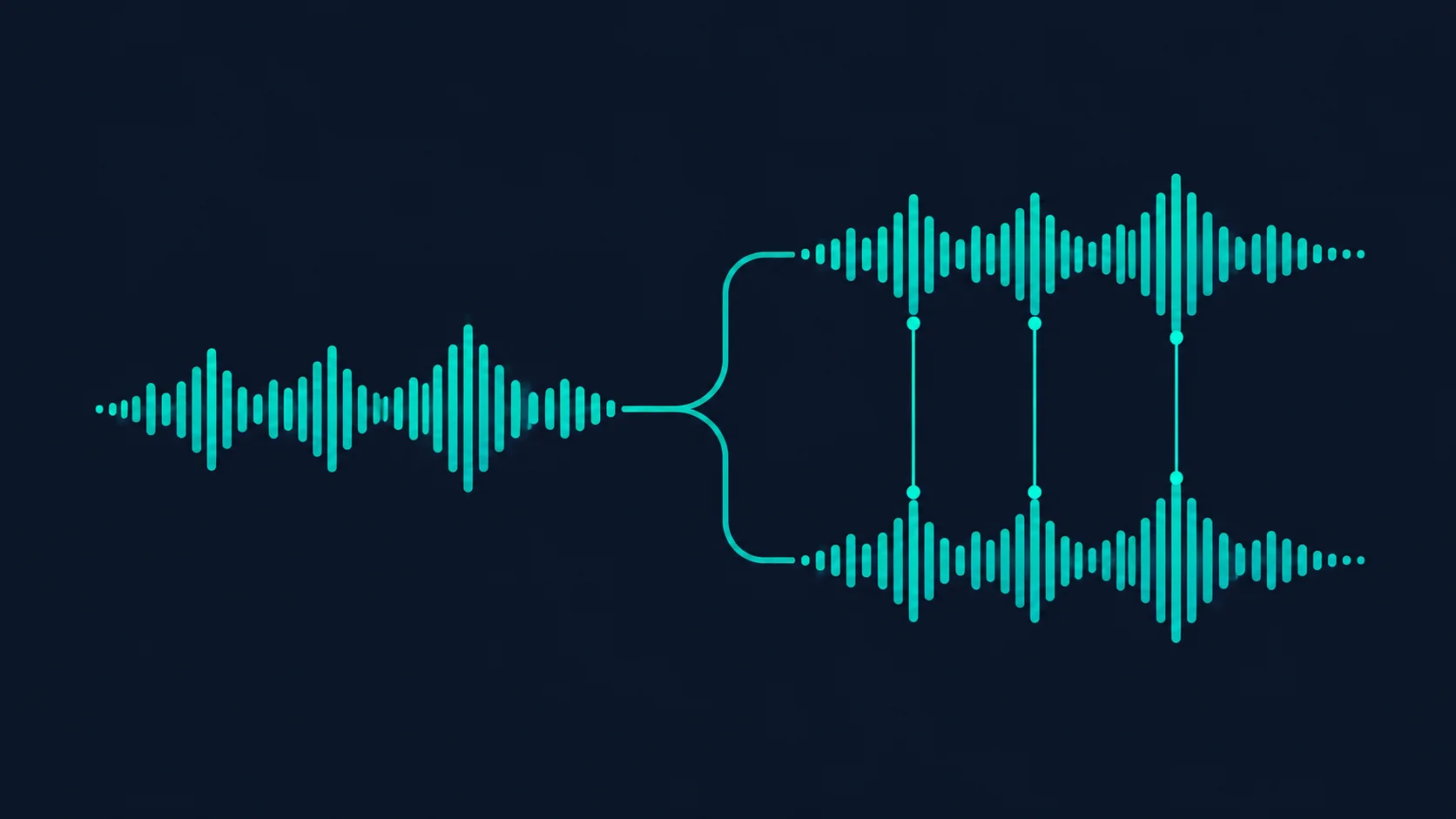 A dark navy field with a single teal waveform splitting into two identical parallel waveforms, one slightly offset, connected by three thin vertical lines suggesting duplication